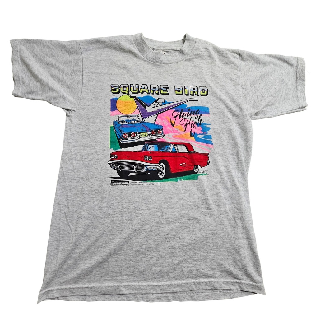 Fruit of the Loom Vintage T-Shirt M Grey Ford Thunderbird Square Bird Graphic